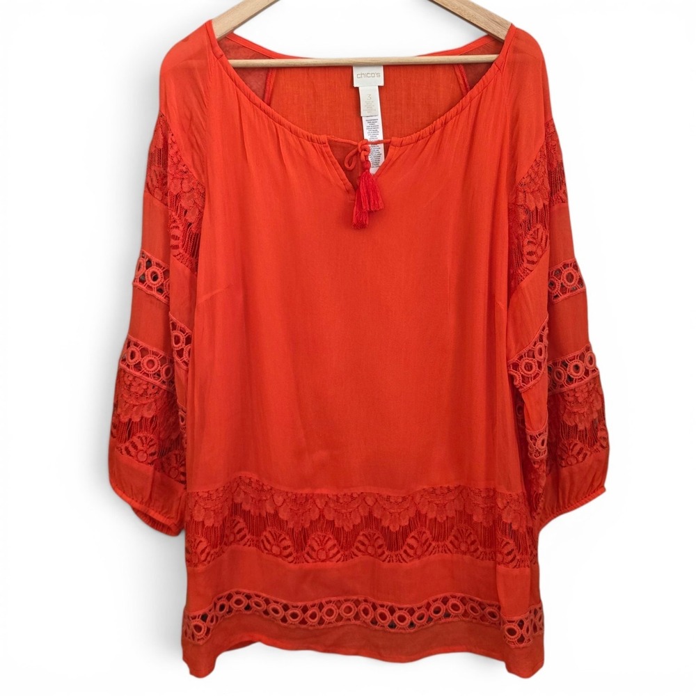 Chicos Top Womens 3 US XL‎ Red Tasseled Neck Tie Blouse Crochet Lace Boho